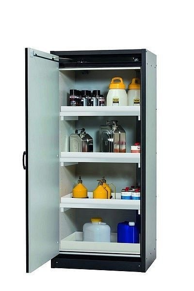 asecos Sicherheitsschrank Q-CLASSIC-30, Q30.195.086.WD in enzianblau RAL 5010 mit 3x Wannenboden Standard (Polypropylen), 31008-067-30051