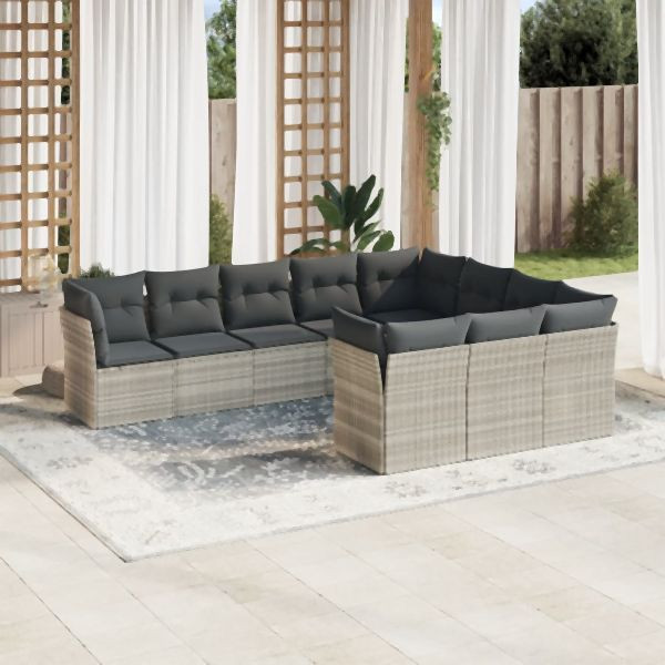 vidaXL 10-tlg. Garten-Sofagarnitur mit Kissen Hellgrau Poly Rattan, 3218222