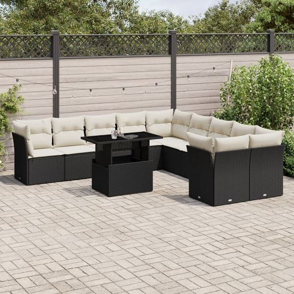 vidaXL 11-tlg. Garten-Sofagarnitur mit Kissen Schwarz Poly Rattan, 3266876