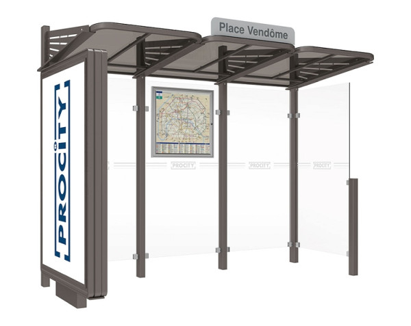 Procity Wartehalle Convi® - Standard - 1 Beleuchteter Caisson Links + 1 Seitenverkleidung Rechts, Farbe Procity grau, 529388.GPRO