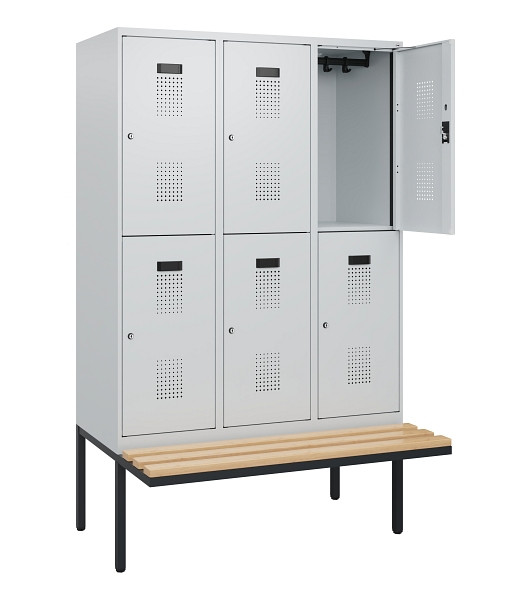 C+P Doppelstock-Spind Evolo PLUS, Bank, 6 Fächer, 1950x1200x815mm, 7035/7035, Zylinderschloss, Sitzfläche Buche-Hartholz, 0493405-32 S10040