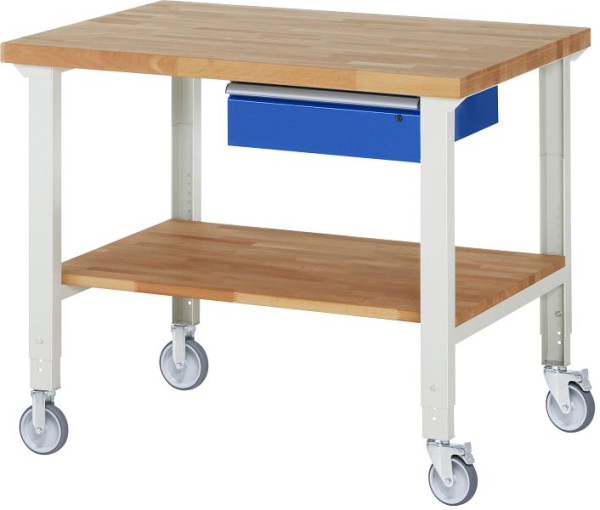 RAU Fahrbare Werkbank (höhenverstellbar) 7001A7, 1250x900x950-1000mm, je 2 Bockrollen und Lenkrollen, 05-7001A7-129B4H22.11