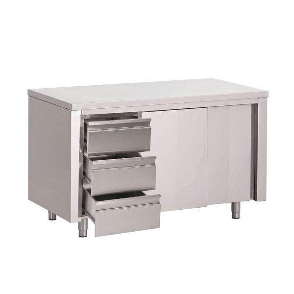 Gastro M Arbeitstisch mit 3 Schubladen und Schiebetüren 140cm lang, GN163