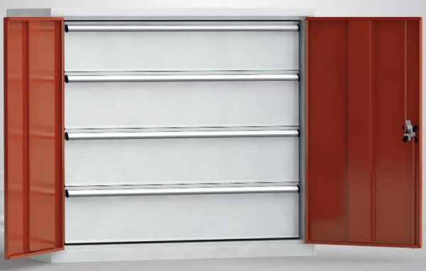 KLW Universalschrank 1000x1108x656mm mit abschließbaren Flügeltüren, 4 Schubladen (90% ausziehbar, 100 kg Tragkraft), 7FS-PP1000TD-0004XPB