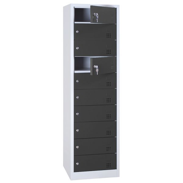 Lüllmann Laptopschrank, elektrifiziert, 10 Fächer, 1800 x 500 x 500 mm, lichtgrau/anthrazit, 526448