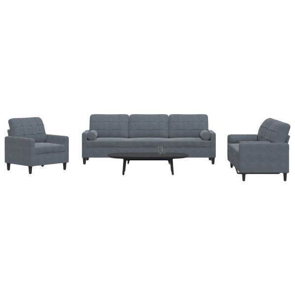 vidaXL 3-tlg. Sofagarnitur mit Kissen und Nackenrollen Dunkelgrau Samt, 3278452