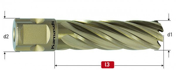 Karnasch HSS-XE Kernbohrer, Sandwich Nitto/Uni-Schaft 19mm, Nutzlänge 55mm, Gold-Line55 d=13/16'', VE: 2 Stück, 201243025