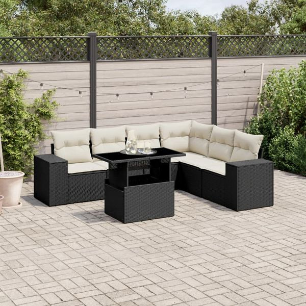 vidaXL 7-teilig Garten-Sofagarnitur mit Kissen Schwarz Poly Rattan, 3269186