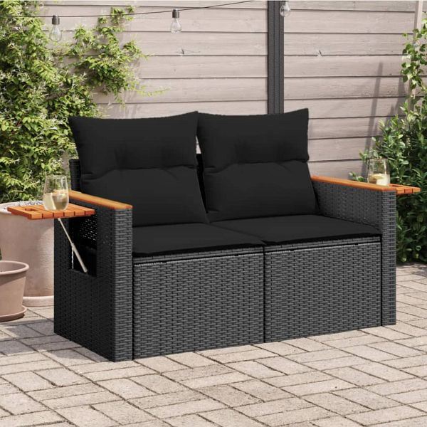 vidaXL Gartensofa mit Kissen 2-Sitzer Schwarz Poly Rattan, 365994