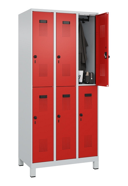C+P Doppelstöckiger Spind Evolo PLUS, mit Füßen, 6 Fächer, 1950x900x500mm, 7035, Frontfarbe RAL 3020 Verkehrsrot, Drehriegel, 049310-30 S10005
