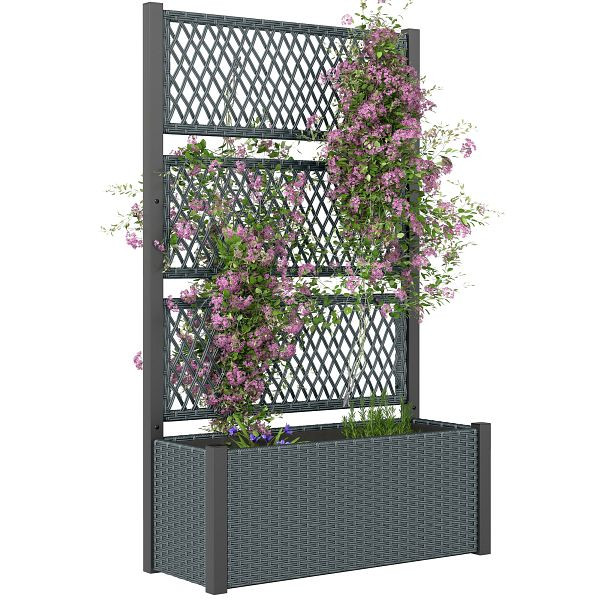 Outsunny Hochbeet mit Rankgitter in Rattan-Optik Pflanzkasten Blumenkasten mit Rankhilfe 90 x 35 x 148 cm Dunkelgrau, 867-283V00CG