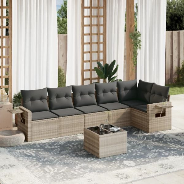 vidaXL 7-tlg. Garten-Sofagarnitur mit Kissen Hellgrau Poly Rattan, 3220201