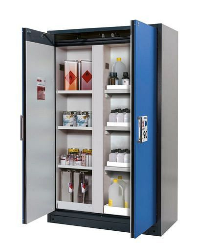 asecos Feuerbeständiger Gefahrstoffschrank Select, mit Mittelwand, Einlege- und Wannenböden, blau, 266825