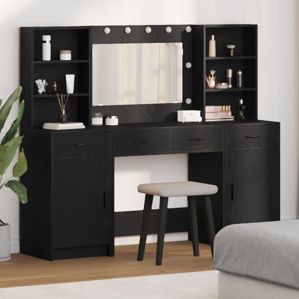 vidaXL 3-teiliges Schminktisch-Set Schwarz aus Holzwerkstoff, 3334282