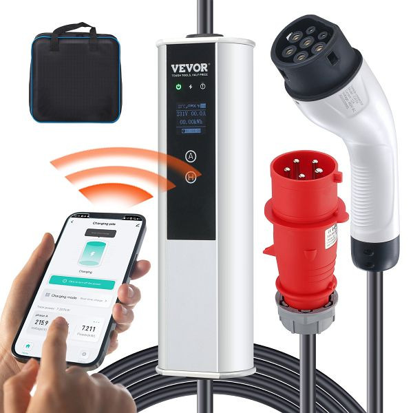 VEVOR Typ2 EV Ladekabel für Elektrofahrzeug 32A Ladegerät mit CEE 32 Stecker Wallbox 7,36kW (einphasig)/22kW (dreiphasig) 7,5m, OGBXC22KWWIFIBZL1V2