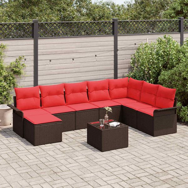 vidaXL Gartensofa-Set mit Kissen 9-teilig Braun Poly-Rattan, 3345494