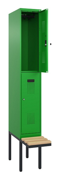 C+P Doppelstock-Spind Evolo PLUS, Bank, 2 Fächer, 2120x300x815mm, 6037/6037, Zylinderschloss, Sitzfläche Buche-Hartholz, 0493407-10 S10053