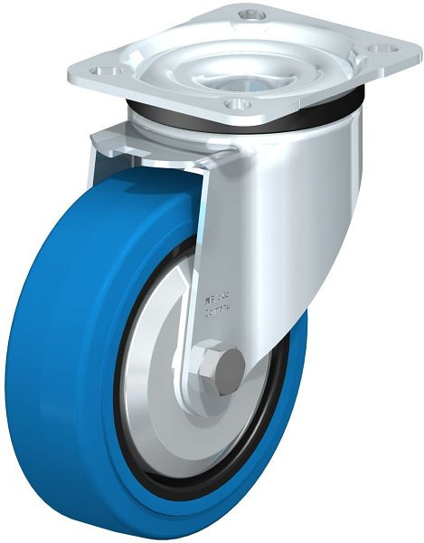Blickle LK-POEV 125KD-1-SB-FA Stahlblech-Lenkrolle, schwere Ausführung, mit Anschraubplatte, Elastik-Vollgummi, Blau, 851104
