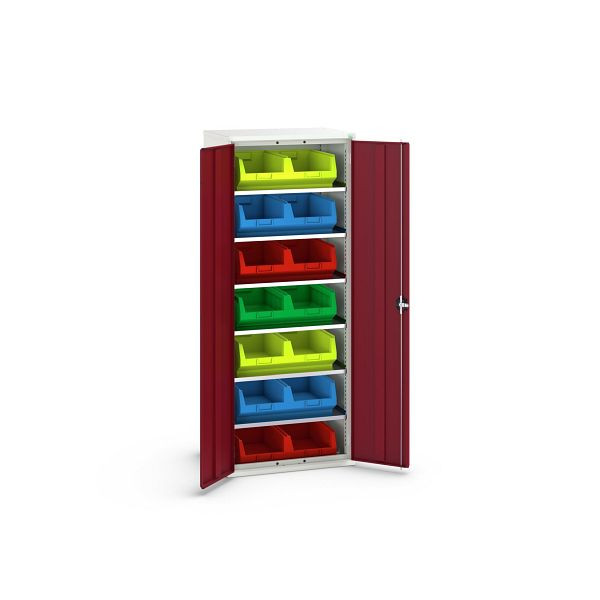 bott verso Magazinschrank, mit 6 Fachböden und 14 Sichtlagerkästen, BxTxH: 800 x 550 x 2000 mm, Lichtgrau / Purpurrot, 16926451.24
