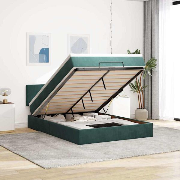 vidaXL Ottoman-Bett mit Matratze & LEDs Dunkelgrün 140x200 cm Samt, 3312557