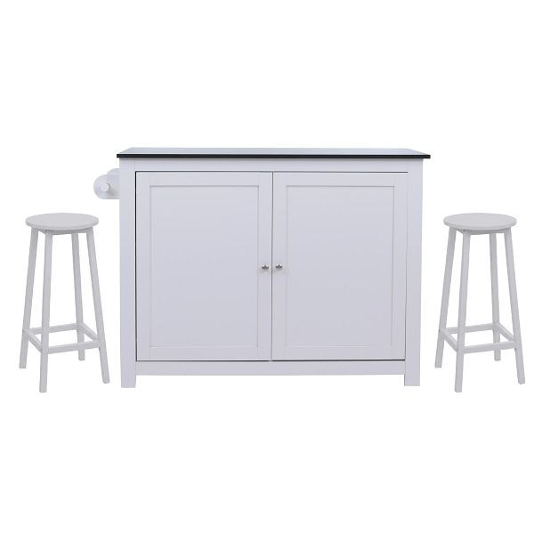 Mendler Kücheninsel HWC-P61 mit 2 Sitzhockern, Küchenschrank Schublade Staufächer MDF 90x120x45cm, weiß, Marmor-Optik schwarz, 130686+130687