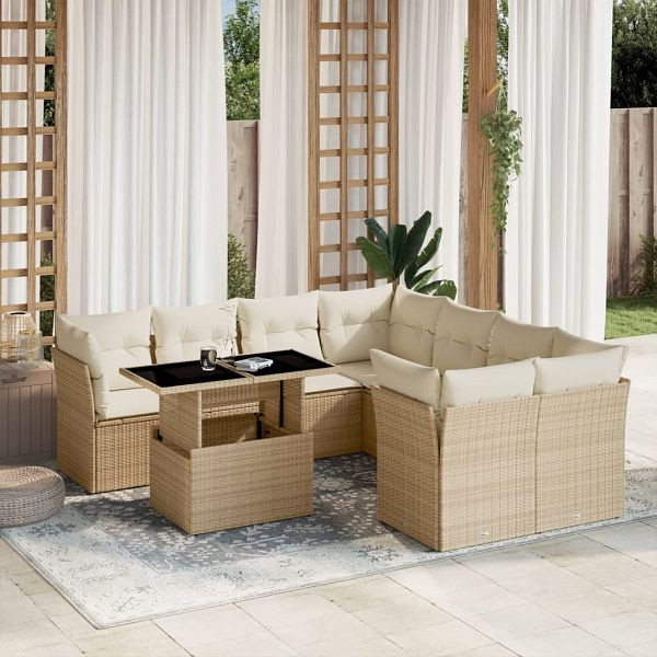 vidaXL 9-teilig Garten-Sofagarnitur mit Kissen Beige Poly Rattan, 3266428