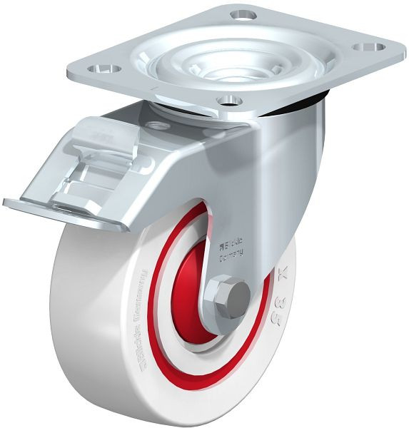 Blickle L-POW 100K-FI-FK Stahlblech-Lenkrolle, mittelschwere Ausführung, mit Anschraubplatte & Feststeller, Polyamid, Weiß, 739732