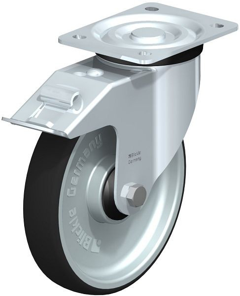 Blickle L-PATH 200K-FI-ELS Stahlblech-Lenkrolle, mittelschwere Ausführung, mit Anschraubplatte & Feststeller, Thermoplastisches Polyurethan, Grau, 852218