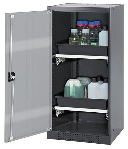 asecos Chemikalienschrank Systema-T CS-52L, Korpus anthrazit, Flügeltüren silber, 2 Tablarauszüge, 208626