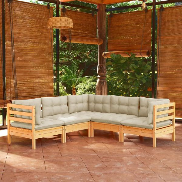 vidaXL 5-teilig Garten-Lounge-Set mit Creme Kissen Massivholz Kiefer, 3096671