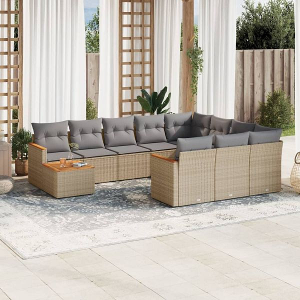 vidaXL 11-teilig Garten-Sofagarnitur mit Kissen Beige Poly Rattan, 3258769