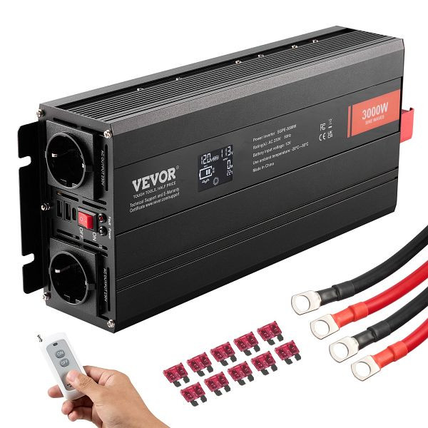 VEVOR Wechselrichter mit reiner Sinuswelle 3000W DC12V AC 230 V Spannungswandler 2 AC-Steckdosen 2 USB-Anschlüssen, CZXNBQ3000WC2N69YV2