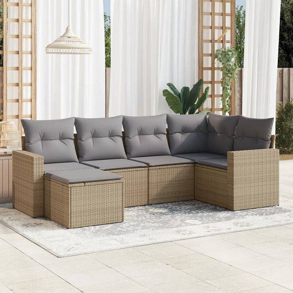 vidaXL 6-teilig Garten-Sofagarnitur mit Kissen Beige Poly Rattan, 3219249