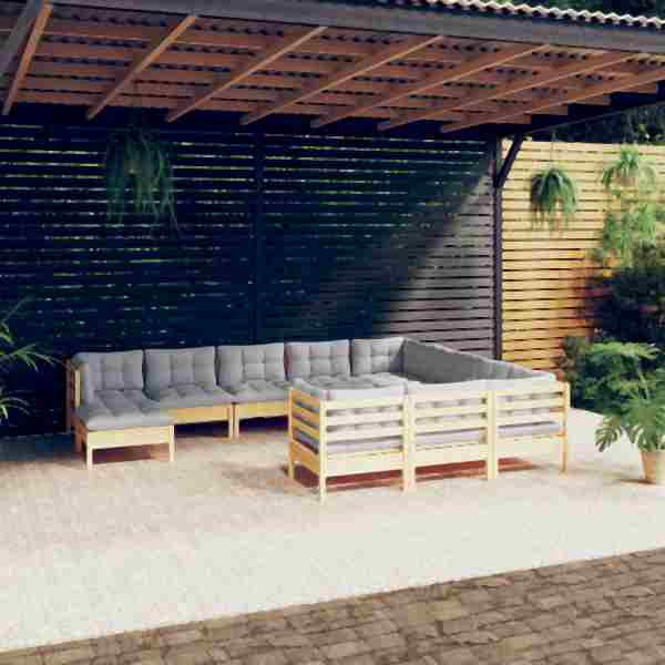 vidaXL 11-tlg. Garten-Lounge-Set mit Grauen Kissen Kiefernholz, 3097042
