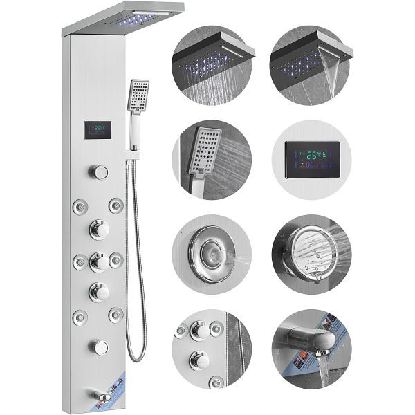 VEVOR Duschpaneelsystem, 6 Modi, LED- und Bildschirm-Wasserkraft, Regenfall, 8 Massagedüsen, Wannenauslauf, Handbrause, aus Edelstahl, FTYS6CS2MSDPKUG3WV9