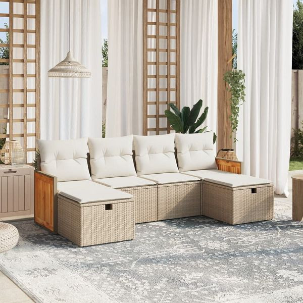 vidaXL 6-teilig Garten-Sofagarnitur mit Kissen Beige Poly Rattan, 3265776