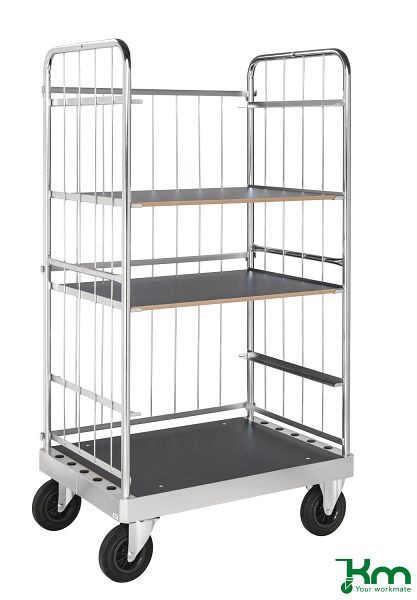 Kongamek Multi-Etagenwagen, 2 Bock- und 2 Lenkrollen aus Vollgummi mit Bremsen, 1000 x 700 x 1900 mm, 3 Böden, KM140-2B