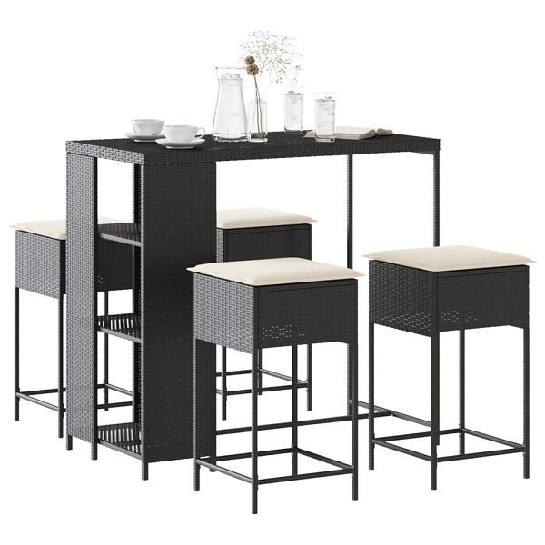 vidaXL 5-tlg. Gartenbar-Set mit Kissen Schwarz Poly Rattan, 3261493