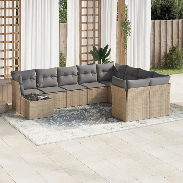 vidaXL 10-teilig Garten-Sofagarnitur mit Kissen Beige Poly Rattan, 3218189