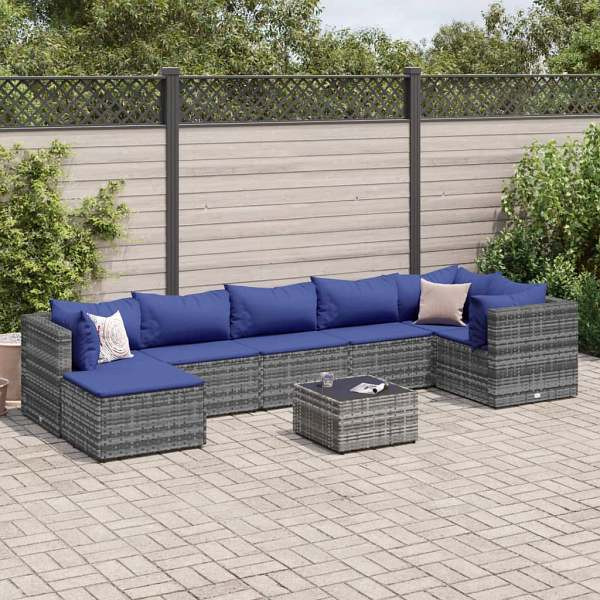 vidaXL 8-tlg. Garten-Lounge-Set mit Kissen Grau Poly Rattan, UV-beständig, 3308239