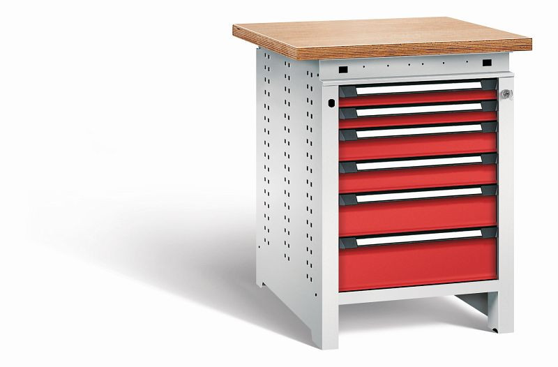 Otto Kind Werkbank Serie function Typ 110, Multiplexplatte, überstehend, 6 Schubladen, mit Zentralverschluss, Gehäuse RAL 7035, Front RAL 3000, 072327234