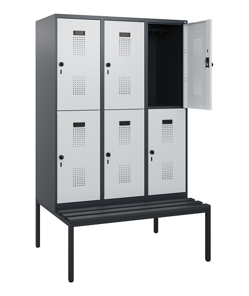 C+P Doppelstöckiger Spind Evolo PLUS, Bank, 6 Fächer, 1950x1200x815mm, 7016/7035, Drehriegel, Sitzfläche Kunststoff, Sitzbank, 0493505-32 S10114