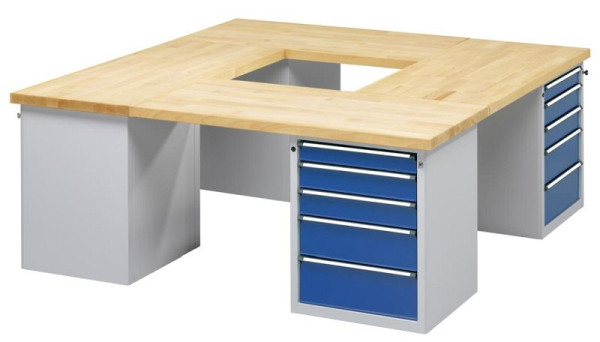 ANKE Werkbänke 4-Eck-Gruppenwerkbank; 4 Arbeitsplätze; 2140x2140x900 mm; RAL 7035/5010; Buche-Massiv-Platte 50 mm, 440.304