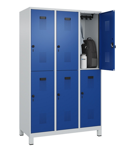 C+P Doppelstöckiger Spind Evolo PLUS, mit Füßen, 6 Fächer, 1950x1200x500mm, 703, Frontfarbe RAL 5010 Enzianblau, Drehriegel, 049310-32 S10006