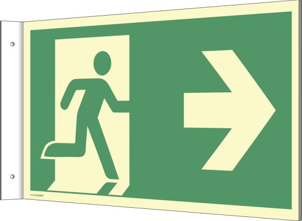 Moedel Fahnenschild Notausgang links/rechts (entgegen Wand), Aluminium nachleuchtend 160-mcd, 297x148mm, 104493