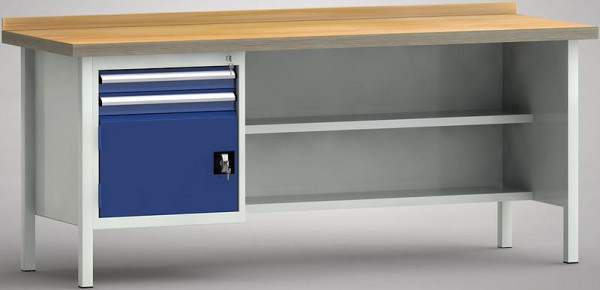 KLW Profi-Werkbank - 2000 x 700 x 905 mm L x T x H (ERGO-Version), links 2x75EA/Türe 350 mm, WP138E-2000M45-E7020