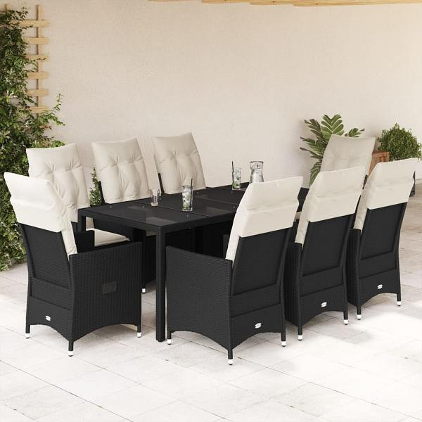vidaXL 9-tlg. Garten-Essgruppe mit Kissen Schwarz Poly Rattan, UV-beständig, 3276699