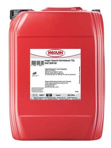Meguin megol Hypoid-Getriebeöl TDL SAE 80W-90, Kanister Kunststoff, VE: 20 Liter, 4831