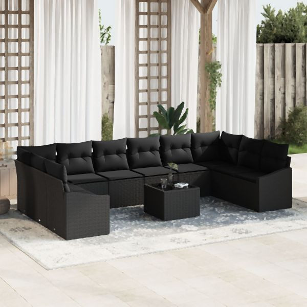 vidaXL Garten-Sofa-Set 11-teilig Schwarz Rattan und Stoff Outdoor-Sofa, 3355582