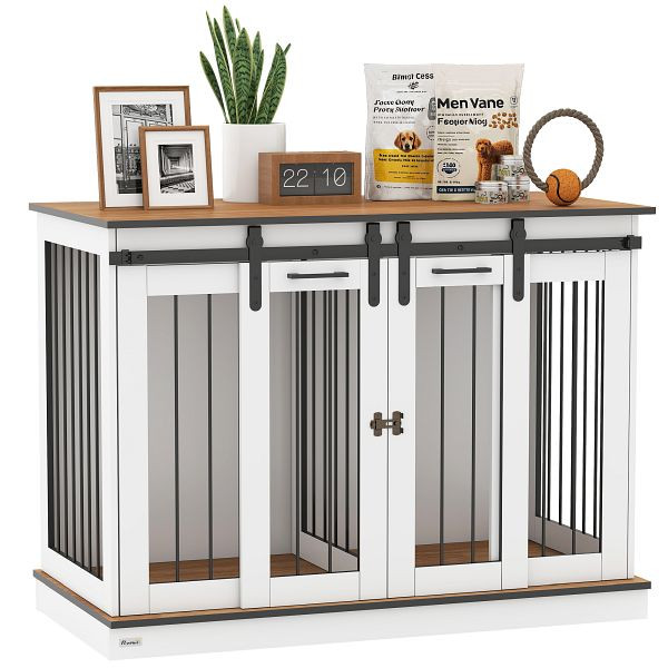 PawHut Hundekäfig mit 2 Türen, Hundebox, Transportbox für Hunde, rustikales Design, verriegelbar, Weiß, D02-085WT